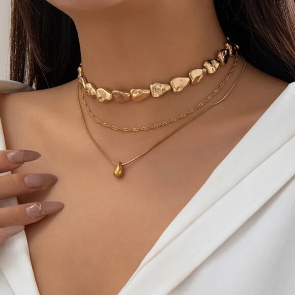 Private Label Jewelry - NEW Gold Organic Irregular Beaded Layered Stacked Chain Necklace